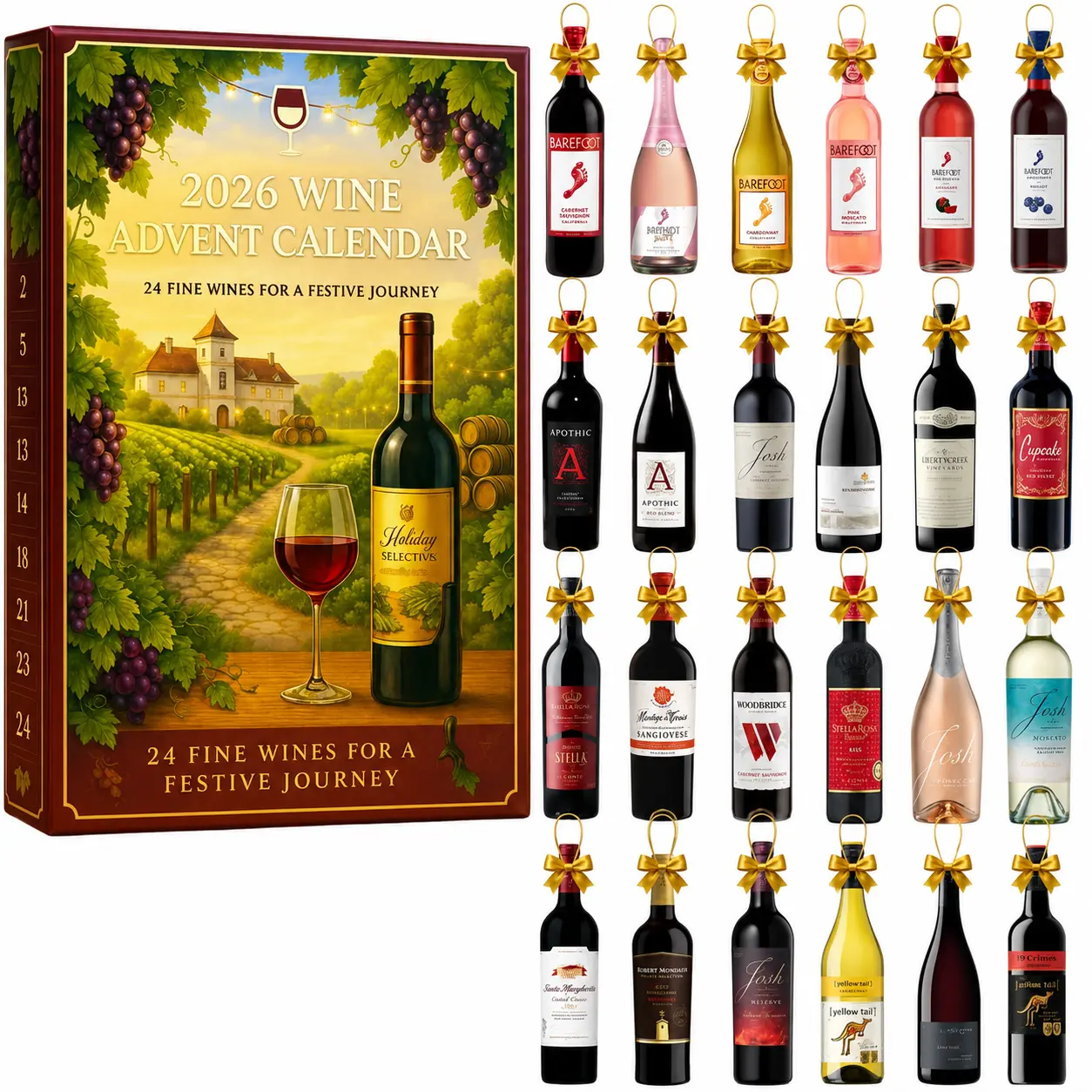 Wine Bottle Theme Advent Calendar 2026 | 24 Days 2D Flat Acrylic Christmas Tree Ornaments | Festive Holiday Decor Gift for Wine Lovers