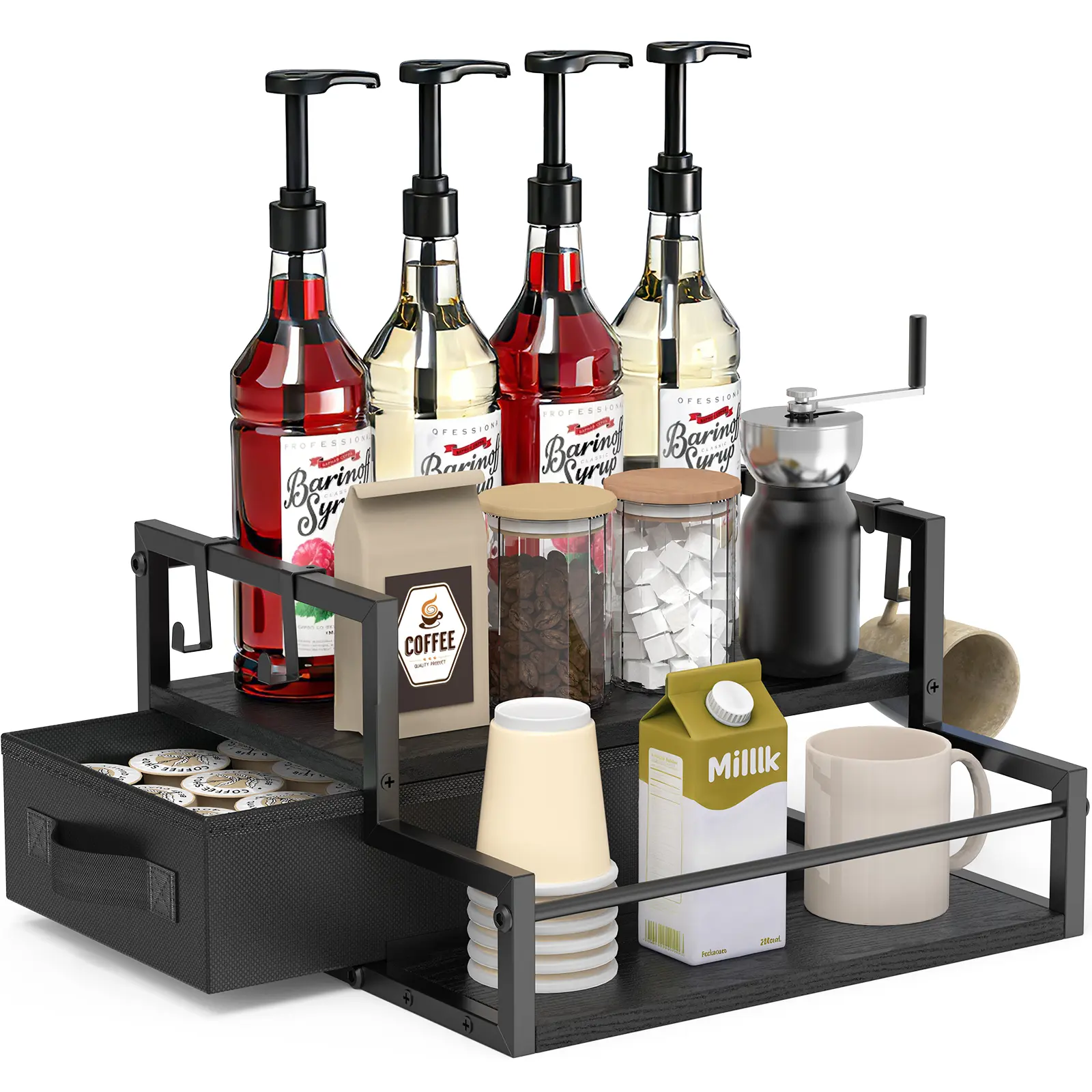 Coffee Syrup Organizer for Countertop 2-Tier with K Cup Storage Drawer Rustic Brown Wooden Rack for Coffee Tea Wine Condiments & Kitchen Table Storage Mug Tumblers Aesthetic