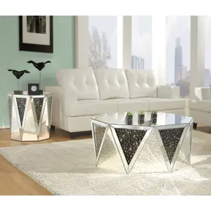 The Noor Mirrored Octagonal Top Triangular Base Drum Coffee Table with Crystal Inserts