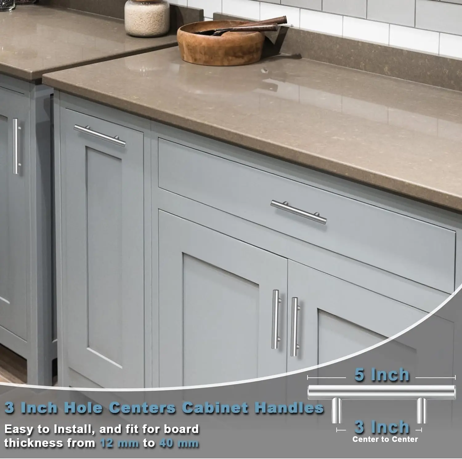 30 Pack Brushed Nickel Stainless Steel Handles, 5.38'' Length, 3'' Hole Center, Silver Kitchen Hardware for Indoor Cabinets Drawers, Indoor Use