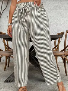 Women's Plus Size Loose Casual Striped Pants with Belt and Ruffle Trim, Comfortable and Stylish, Perfect for Everyday Wear, Casual Fit Trousers