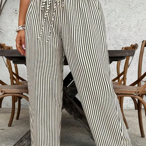Women's Plus Size Oversized Loose Casual Striped Pants with Belt and Ruffle Trim, Comfortable and Stylish, Perfect for Everyday Wear, All-Season Trousers, Loose Fit Pants