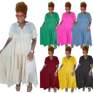 2025 Summer Plus Size Maxi Dress for Women – Fashionable, Perfect for Holidays and the Beach, Casual Lapel Dress with Buttons, Shirt-Style Fit