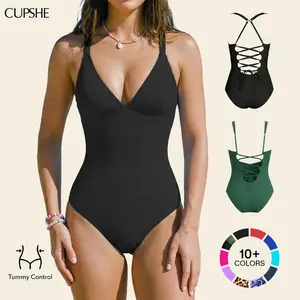 CUPSHE TikTokShopSpringGlowUp One-Piece Swimsuit: Plunging V Neck Sculpting Tummy Control Bathing Suit Swimswimsuits Swimwear with Adjustable Lace-Up Back (Size XS-3XL) SpringStatements
