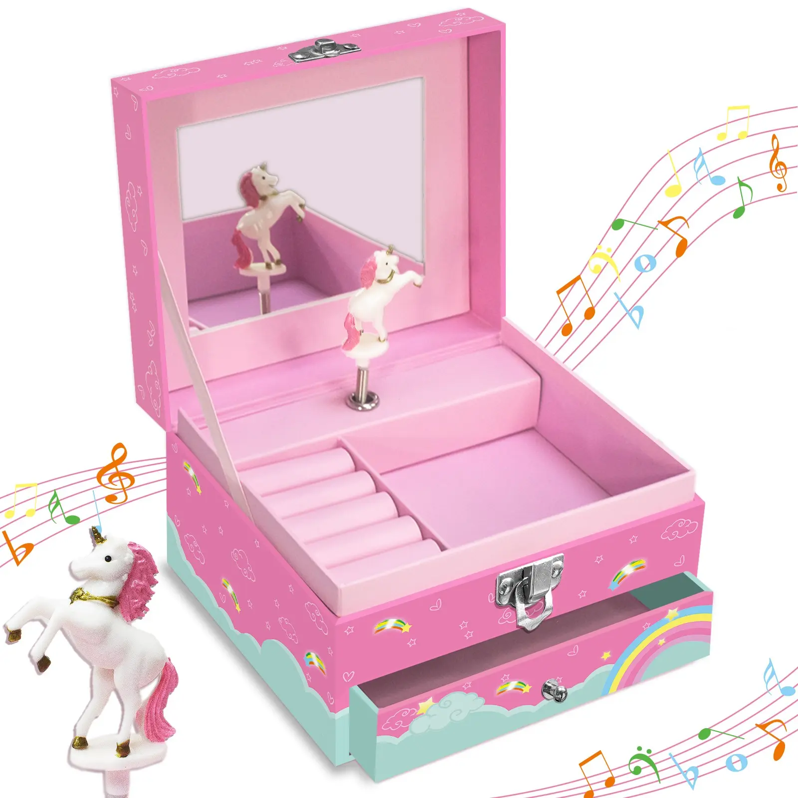 Women's Unicorn Music Jewelry Box, Flashy Rainbow Design, Storage for Earrings, Necklaces, Bracelets, Organiser, Dust Free Organizer, Compartment, Drawer, Birthday Christmas Gift, Dustproof Storage Boxes