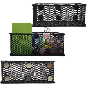 Magnetic Pencil Holder Set of 3 - Black Wire Mesh Storage Baskets Organizer with Strong Magnets - Perfect for Whiteboard, Refrigerator and Locker Accessories