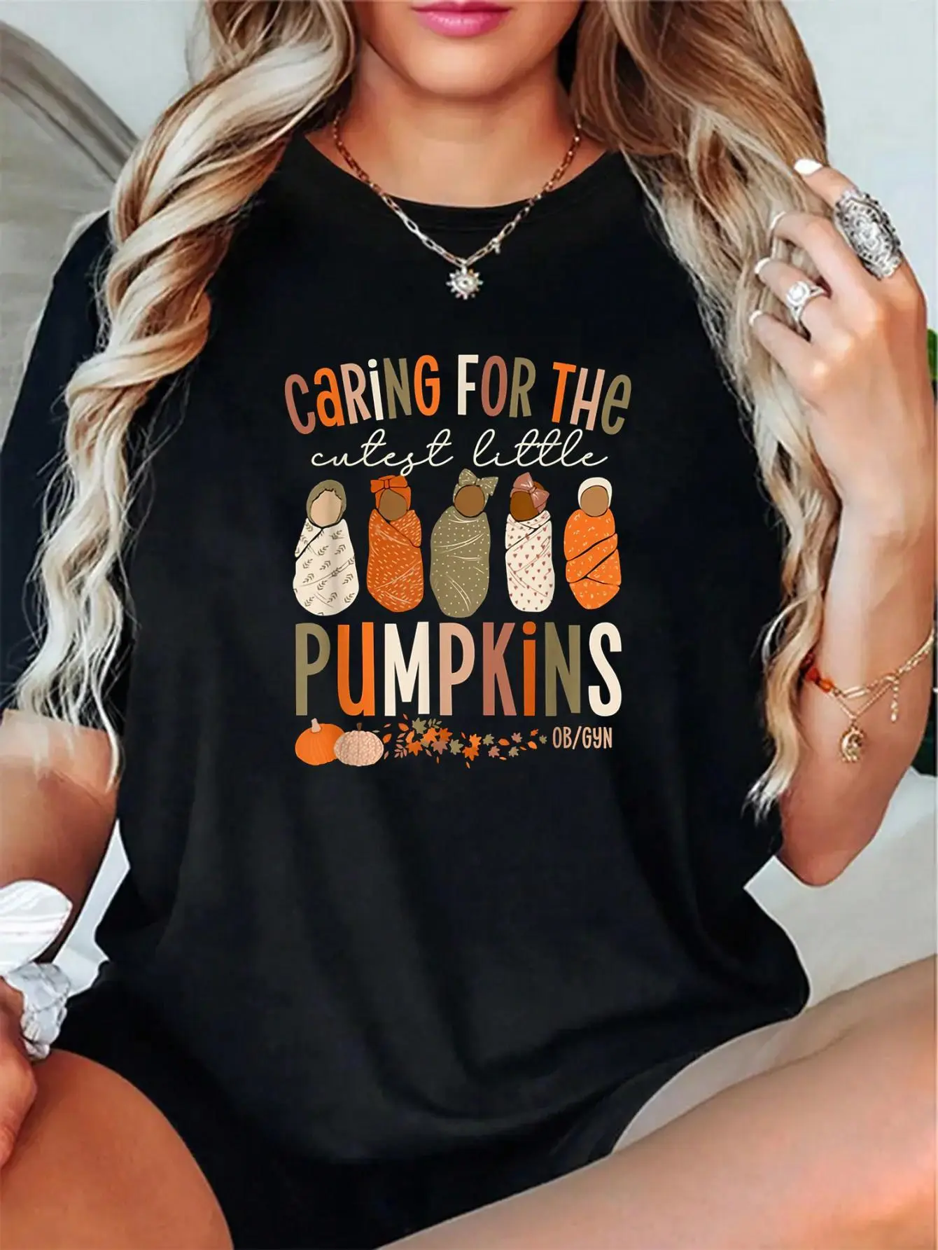 Women's OBGYN Thanksgiving Print Tee - 100% Cotton Short Sleeve Relaxed Fit Soft Breathable Fabric Top for Everyday Autumn Wear, Vibe, Love, Graphic, Jacket, T-Shirt, Cute, Digital Print, All Seasons, High Def, Short Sleeves, Style