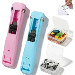 Portable Mini Push Binder Clip Stapler Dispenser 2PCS includes 100 reusable clips handheld paper clamp for document desktop home school office