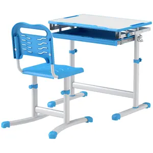 Ergonomic Kids Desk and Chair Set with Adjustable Tilt Surface & Organizing Features - Blue