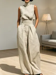 Womens 2 Piece Lounge Set Solid Color Sleeveless Top and Wide Leg Pants Cotton Polyester Blend Casual Summer Outfit 2026 Elegant Minimalist Co-ord Chic Everyday Wear High End Comfortable Basic Two Piece Suit Trendy Sweatsuit