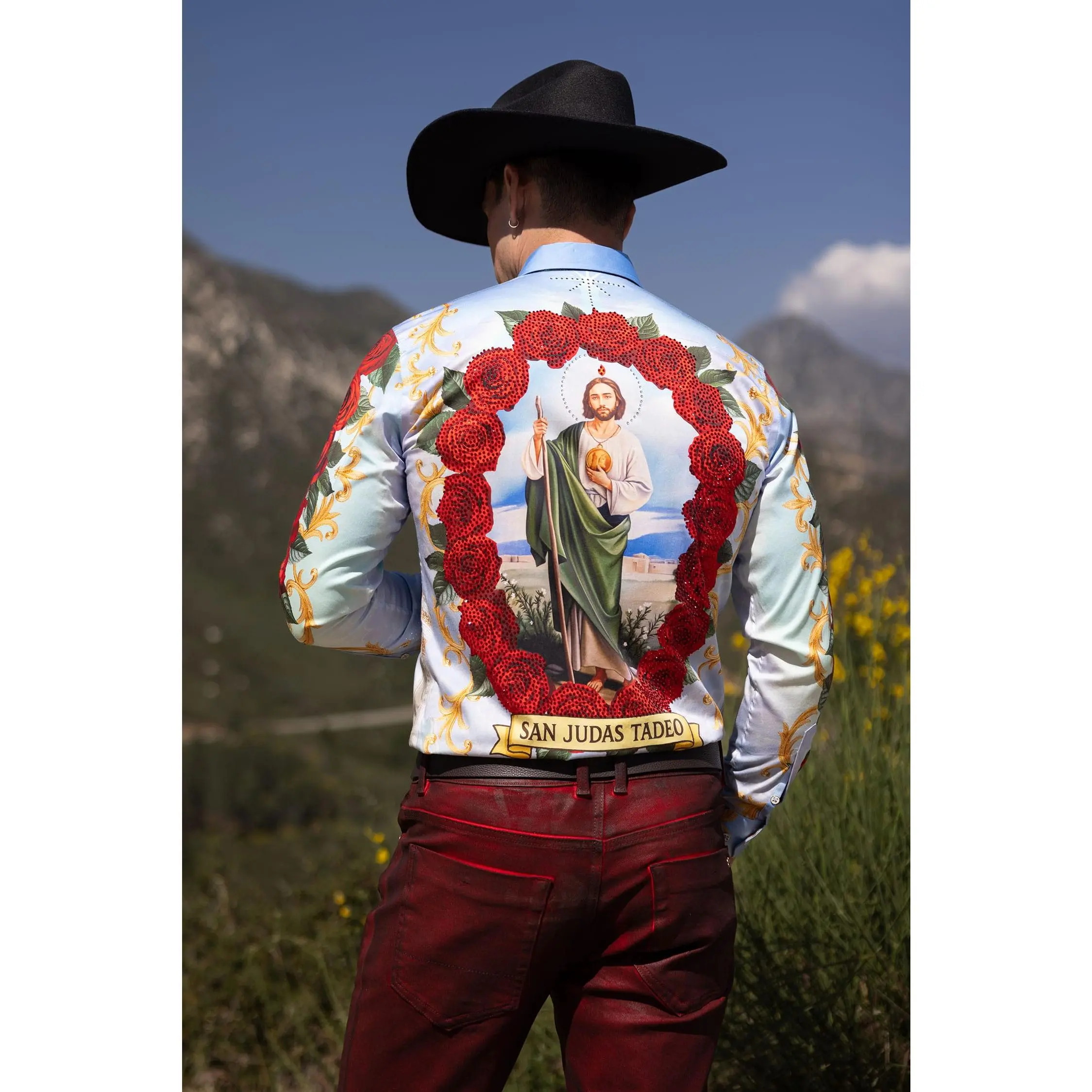 Barabas San Judas Tadeo Rhinestone Long Sleeve Shirt with Collared Neck & Baroque Design for Men