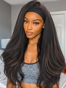 26 Inch Yaki Wavy Headband Wig for Women, Kinky Straight Half Wig, Layered Blowout Texture, Glueless Wear and Go, Natural-Looking Synthetic Wigs