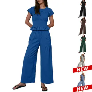 UANEO Women’s 2-Piece Smocked Top & Wide-Leg Pants Set–High-Waisted Lounge Outfit with Pockets Casual Boho Matching Set