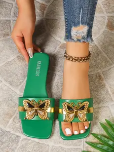 Women's Summer Sandals 2026 New Fashion Butterfly Glitter Square Toe, Comfortable Flat Slip-Ons for Home and Vacation