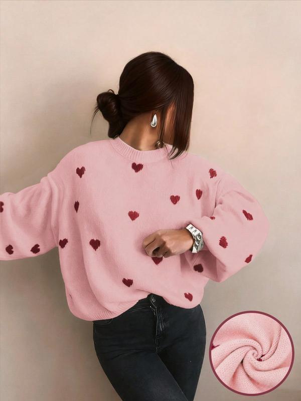 Women's All Over Heart Print Drop Shoulder Sweater, Casual Long Sleeve Round Neck Jumper for Fall & Winter, Fashion Ladies' Knitwear for Daily Wear