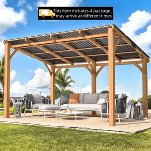 【Multiple packages arrived at different times】YODOLLA 14' x 10' Outdoor Wood Gazebo for Patio, Wall Mounted Wooden Gazebo Heavy Duty Awnings for Patio, Decks, Backyard