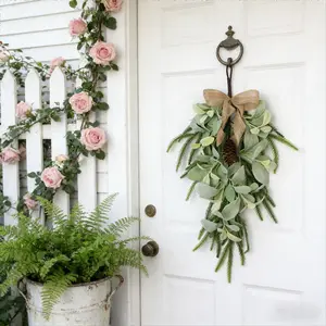 Christmas Style Eucalyptus Leaf Pinecone Hanging Decor, Burlap Bow Door Header Ornament, Home Décor for Entryway, Porch, Window, Christmas Scene Setup