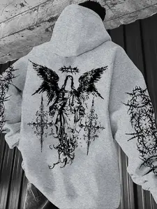 Men's Fall Winter Long Sleeve High Street Thorn Feather Wing Print Hoodie, Sweatshirts, Loose Fit, Casual Streetwear, Casual Street Fashion, Trendy Party Wear, Strong Recognition