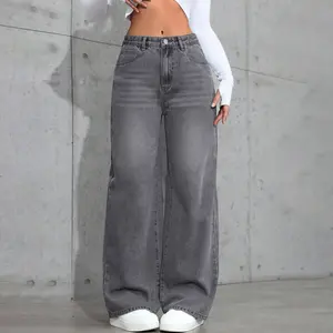 American-style Gray Washed Wide-leg Womens Jeans