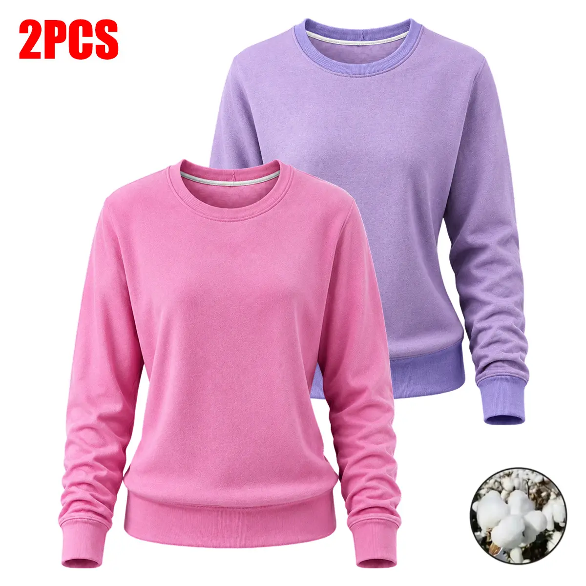 2-pack women’s casual warm cotton long-sleeve sweatshirts – solid color loose fit, machine washable for spring/autumn wear, minimalist design, smooth fabric, wrinkle-resistant, comfortable apparel