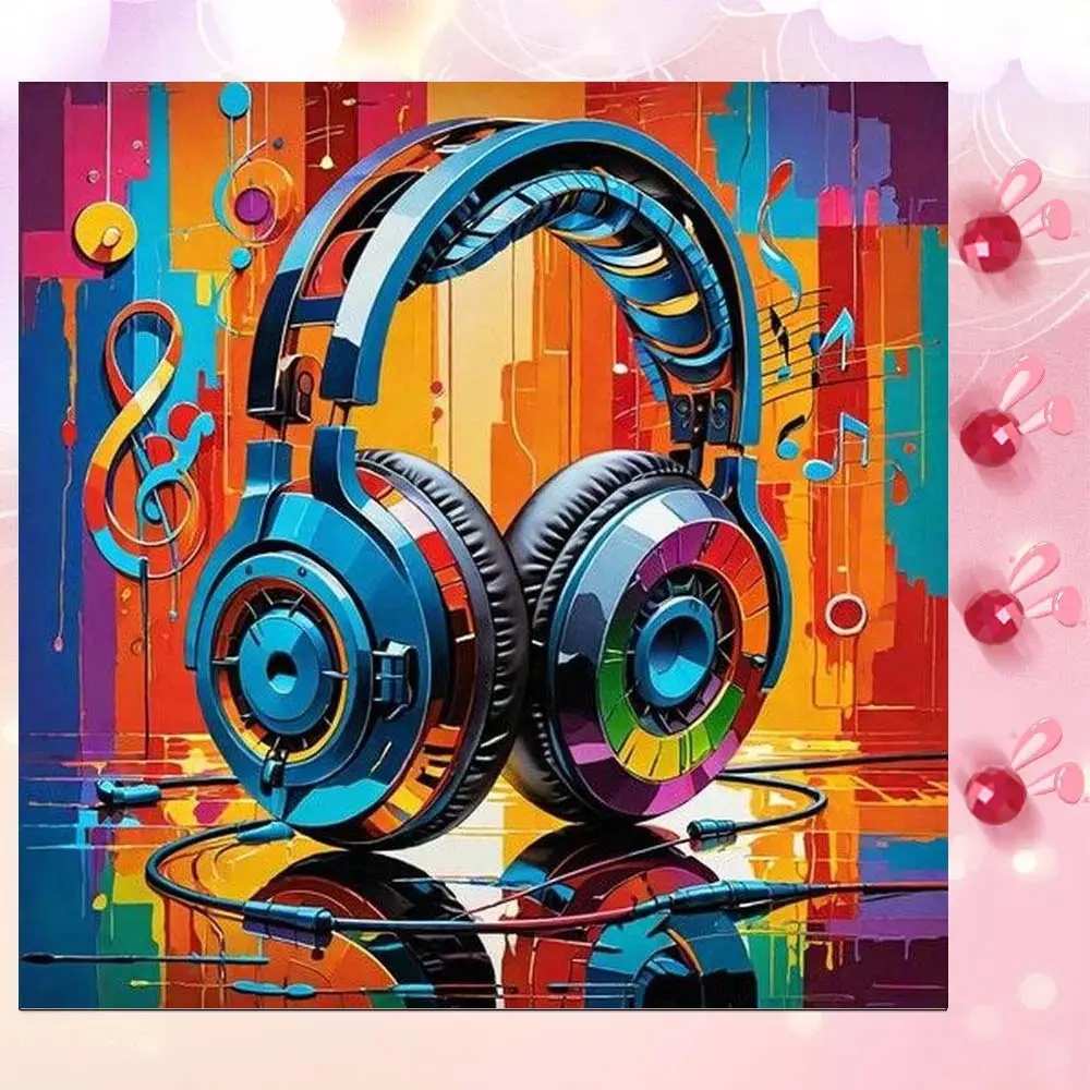 5D DIY Full Drill Round Diamond Painting - Diamond Art Craft Kit, Colored Headphones Music Mosaic, Canvas DIY Wall Decor, Suitable for Halloween and Christmas, Birthday and Anniversary Gifts