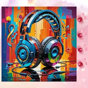 5D DIY Full Drill Round Diamond Painting - Diamond Art Craft Kit, Colored Headphones Music Mosaic, Canvas DIY Wall Decor, Suitable for Halloween and Christmas, Birthday and Anniversary Gifts