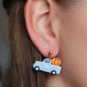 Old Truck Pumpkin Dangle Earrings - Polymer Clay Earrings, 14K Gold Plated Surgical Steel Post, Lightweight and Durable