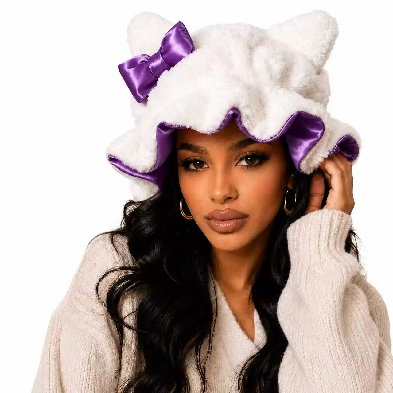 Satin Lined Sleep Bonnet for Women, Cat Plush Hair Bonnet, Silk Wrap for Curly & Braided Hair, Anti-Frizz Night Cap Hair Styling Cap Haircare