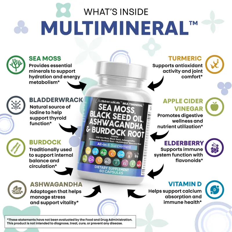 Clean Nutraceuticals Sea Moss, Black Seed Oil, Ashwagandha, Turmeric, Bladderwrack, Burdock, Vitamin C, Vitamin D3 with Elderberry Manuka Supplement Capsules – MultiMineral 3