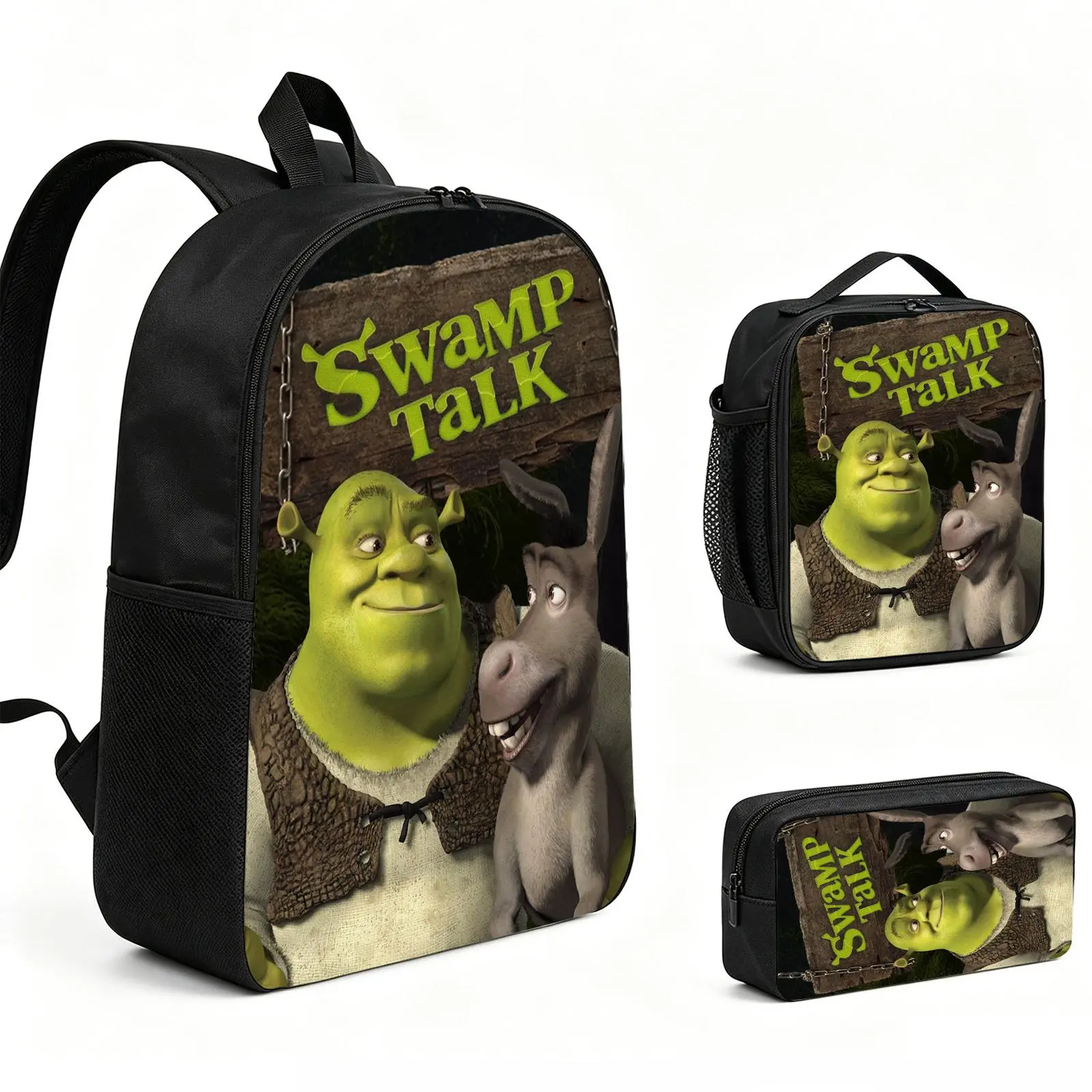 Shrek Backpack 3pcs Set with Vibrant Print, Durable School Bookbag with Insulated Lunch Tote and Pencil Bag for Teens Boys Girls, Multi-Functional Laptop Travel Daypack Gift for Kids L-142