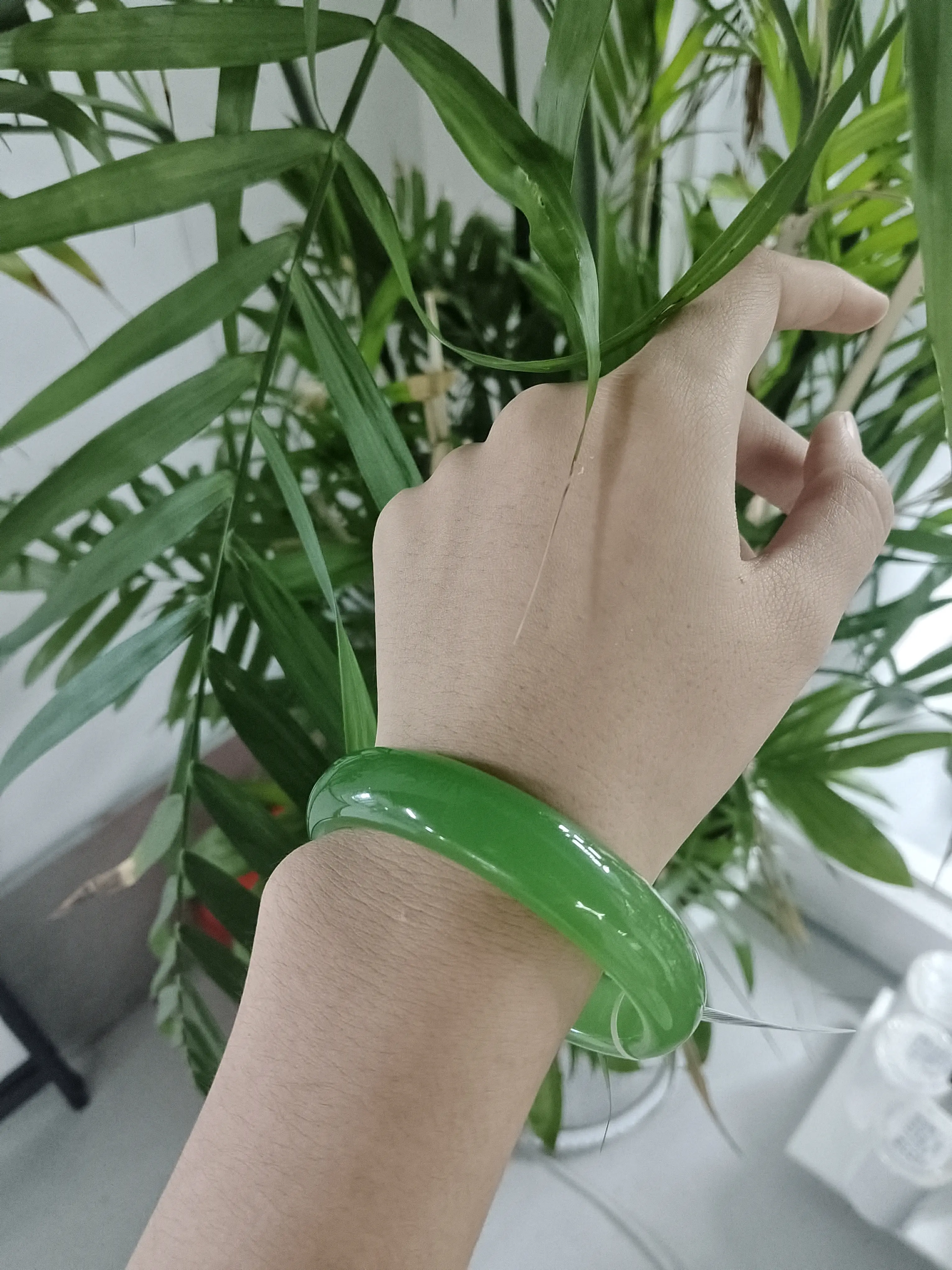 Ina(19362)gc.Solid vivid green chalcedony bangle with glossy smooth surface