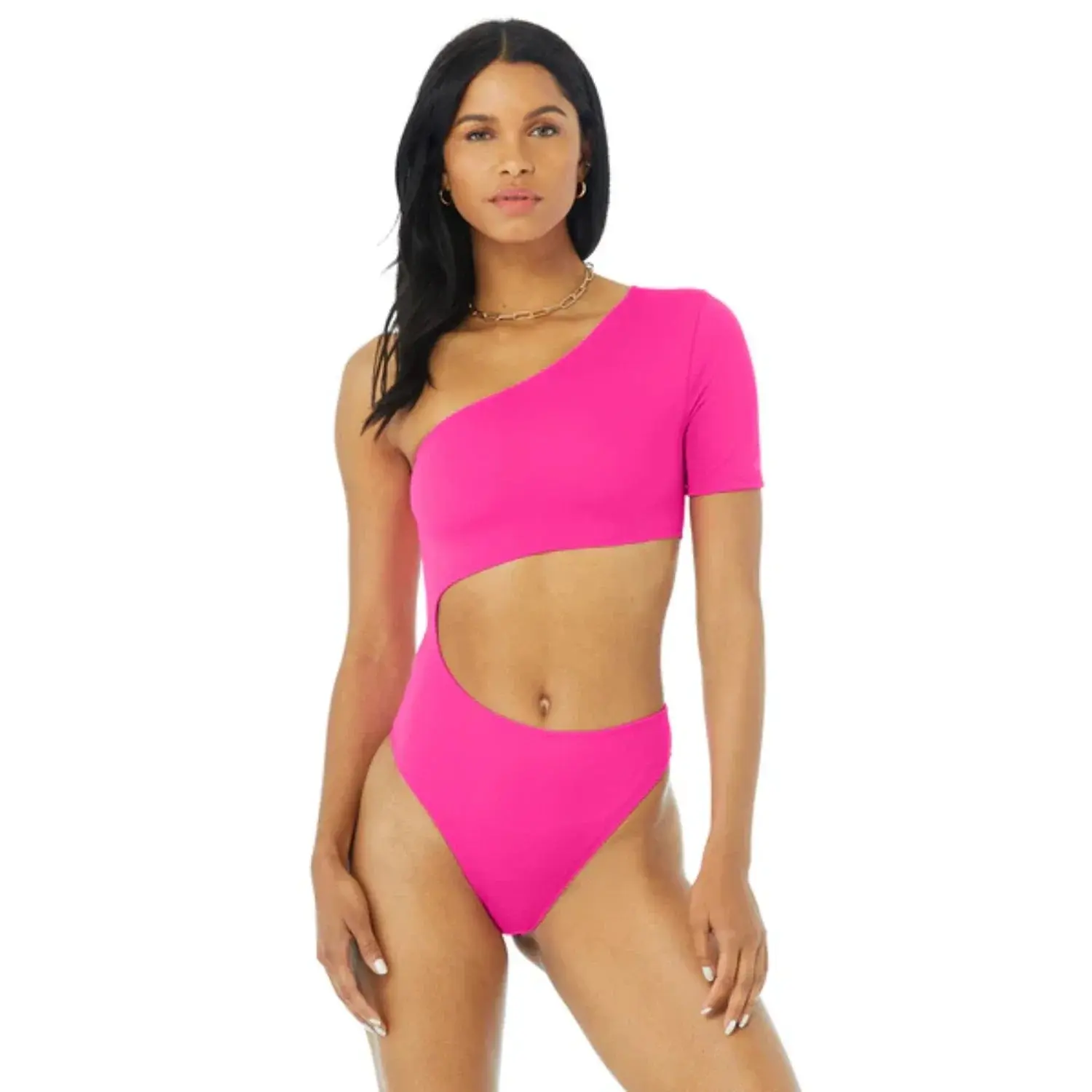 Alo Yoga Body Wave Cutout One Shoulder One Piece Bodysuit in Neon Pink | Women's