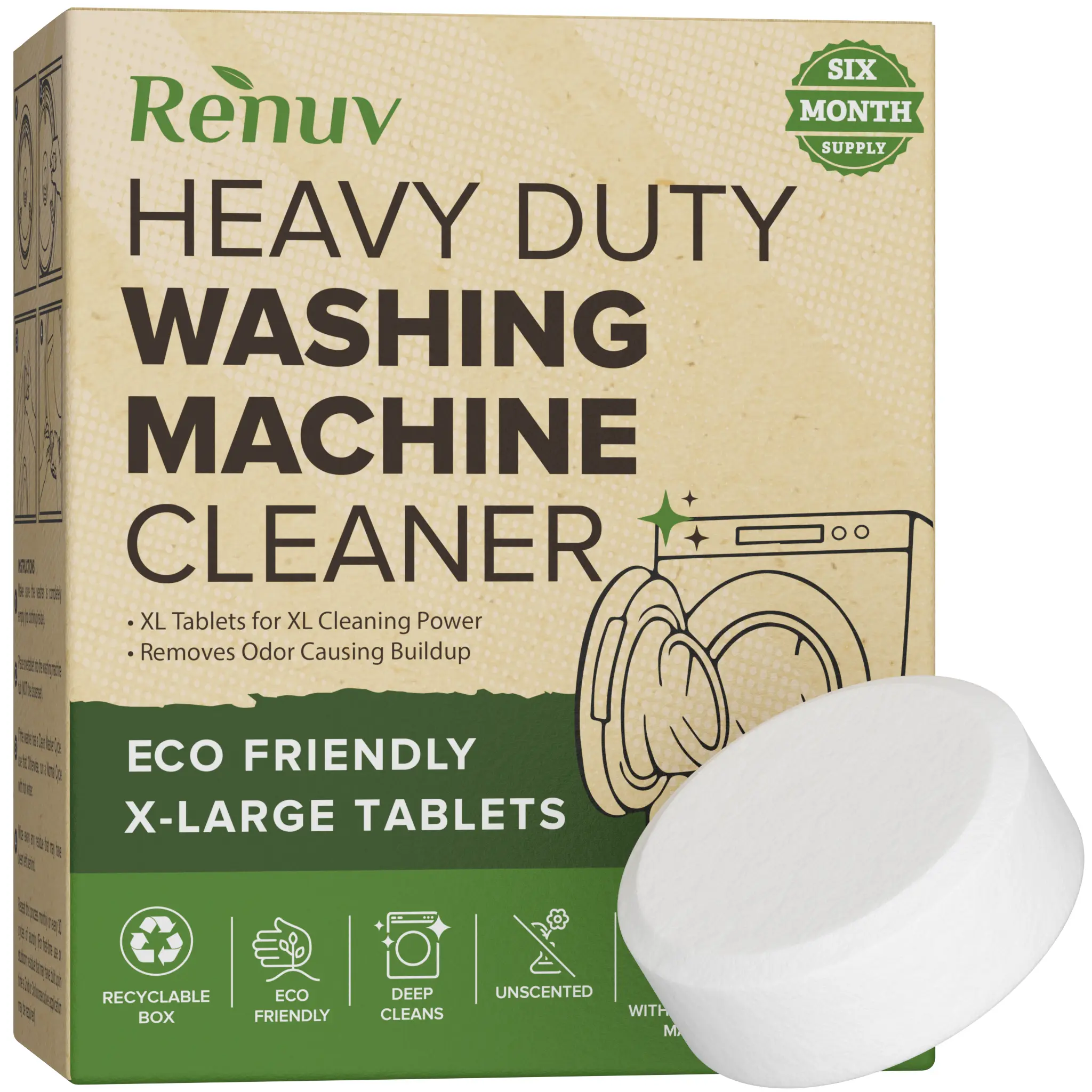 Washing Machine Cleaner Descaler Tablets Heavy Duty Deep Cleaning for Front Load or Top Load Washer, 6 Months Supply Odor Eliminator by Renuv