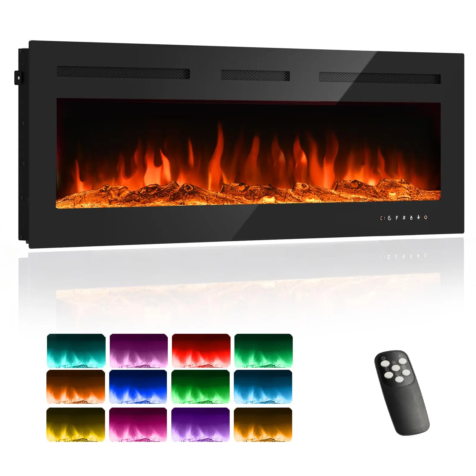 60 Inch Electric Fireplace Inserts - 1500/750W Ultra Narrow Frame Wall Mounted Fireplaces with 3 Heating Modes - 12 Flame Colors, Remote Control/Timer, Touch Screen, Low Noise
