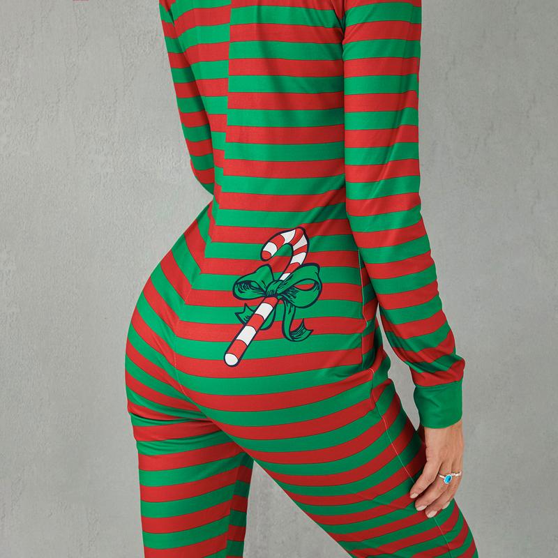 Woman's Christmas Stripe  Pajamas Sexy Round Neck Long SleeveElastic Jumpsuit, Daily Life and Holiday Womenswear Loungewear