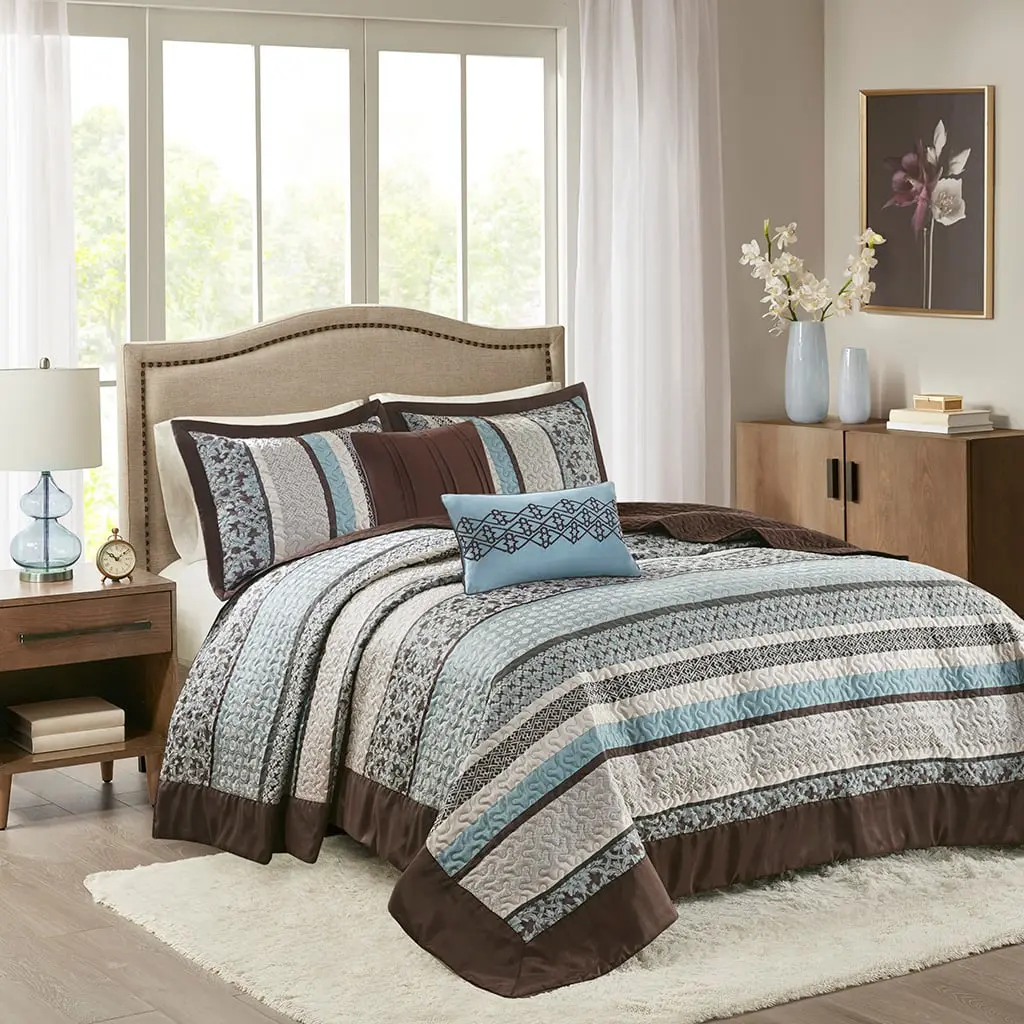 Madison Park Princeton King-Size Reversible Jacquard 5-Piece Bedspread Set - Traditional Geometric Synthetic Bedding, 120x118x0.25 in, Blue, 10% Other Fiber Filling (MP13-7967)