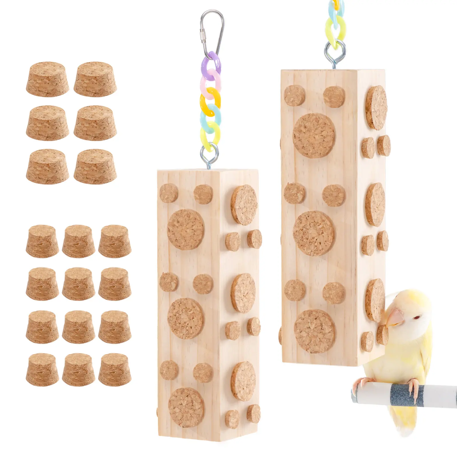 Natural Wood Cork Parrot Beak Grinding Chew Toy Set - 2pcs, Replaceable Cork Pieces, Polka Dot Design, Boredom Reduction, Foraging Accessory for Small-Medium Birds (Budgies, Cockatiels)
