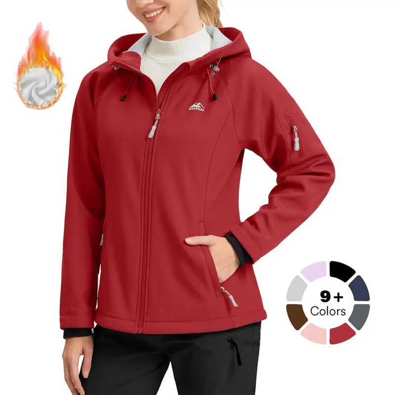 G GRADUAL Women's Long Sleeve Hooded Fleece-Lined Softshell Windproof Waterproof Athletic Sports Outerwear - Hood & Hem Adjust, 6-Pocket Quick Grab, Zip Activewear for Winter Hiking, Outdoor Sports (Lightweight, S/M/L Sizes)