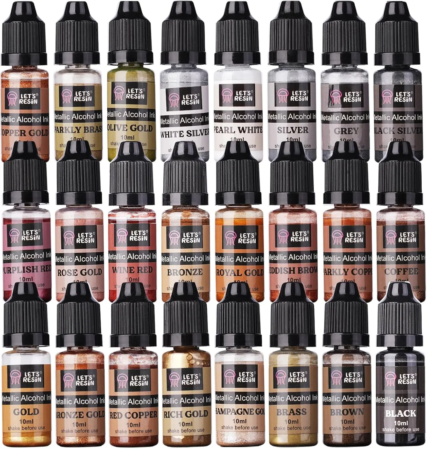 Metallic Alcohol Ink Set-24 Colors Metal Color Alcohol Based Resin Ink, High Concentrated & Shimmer Mixatives, Alcohol Paint for Epoxy Resin, Resin Petri, Tumblers, Coasters(Each 0.35oz)