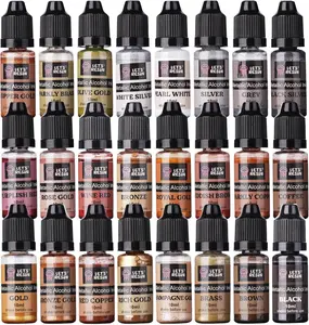 Metallic Alcohol Ink Set-24 Colors Metal Color Alcohol Based Resin Ink, High Concentrated & Shimmer Mixatives, Alcohol Paint for Epoxy Resin, Resin Petri, Tumblers, Coasters(Each 0.35oz)