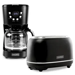 Haden 12 Cup Coffee Maker & Heritage 2 Slice Wide Slot Toaster, Black & Chrome