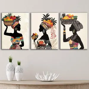 African Woman Pattern Wall Art, 3 Counts/set Wooden Framed Canvas Painting, Modern Wall Decor for Home Living Room Bedroom Office, Ornaments