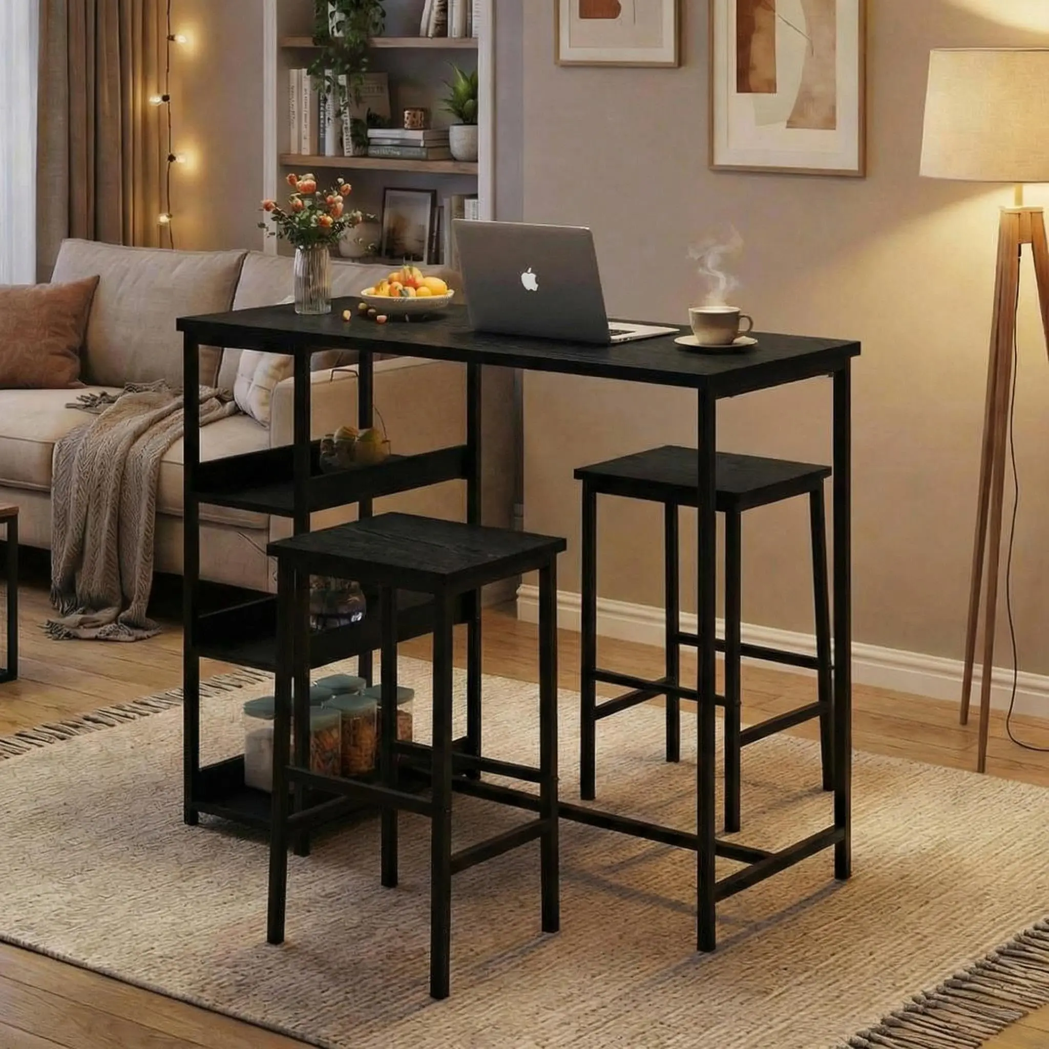 Space-Saving 3-Piece Dining Set for Modern Living，Make the most of your kitchen, apartment, or breakfast nook with this compact yet stylish dining set. Designed for small spaces, this set includes a sturdy bar-height table with three integrated side shel