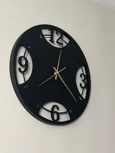 Modern Wall Clock - Silent Non-Ticking Decorative Timepiece for Home & Office 60 cm / 23.6 inches Cut Out Black Frame Gold Hands Industrial Design