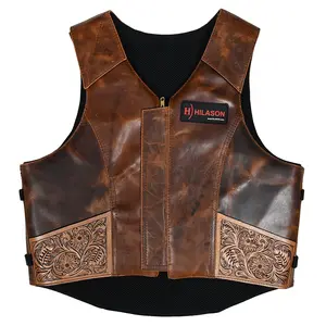 Hilason Bull Riding Rodeo Floral Hand Carved Genuine Leather Vest Black Safety Protective Gear Equipment