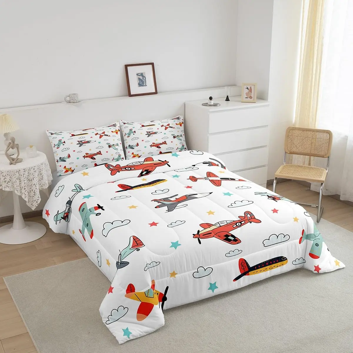 Feelyou Microfiber Toddler Bedding Set - Cartoon Aircraft Print Duvet Set, Twin/Full/King Sizes, Machine Washable, Cozy Setup for Snug as a Bug in a Rug Modern Bedroom Addition, Multi-Size, Queen