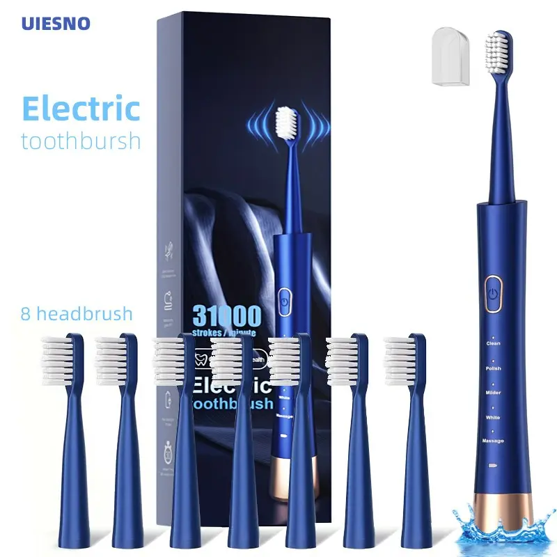 Smart Electric Toothbrush USB Rechargeable Home Use, 5 Cleaning Modes Soft Bristles, Travel Toothbrush with 8 Replacement Heads, Holiday Gift