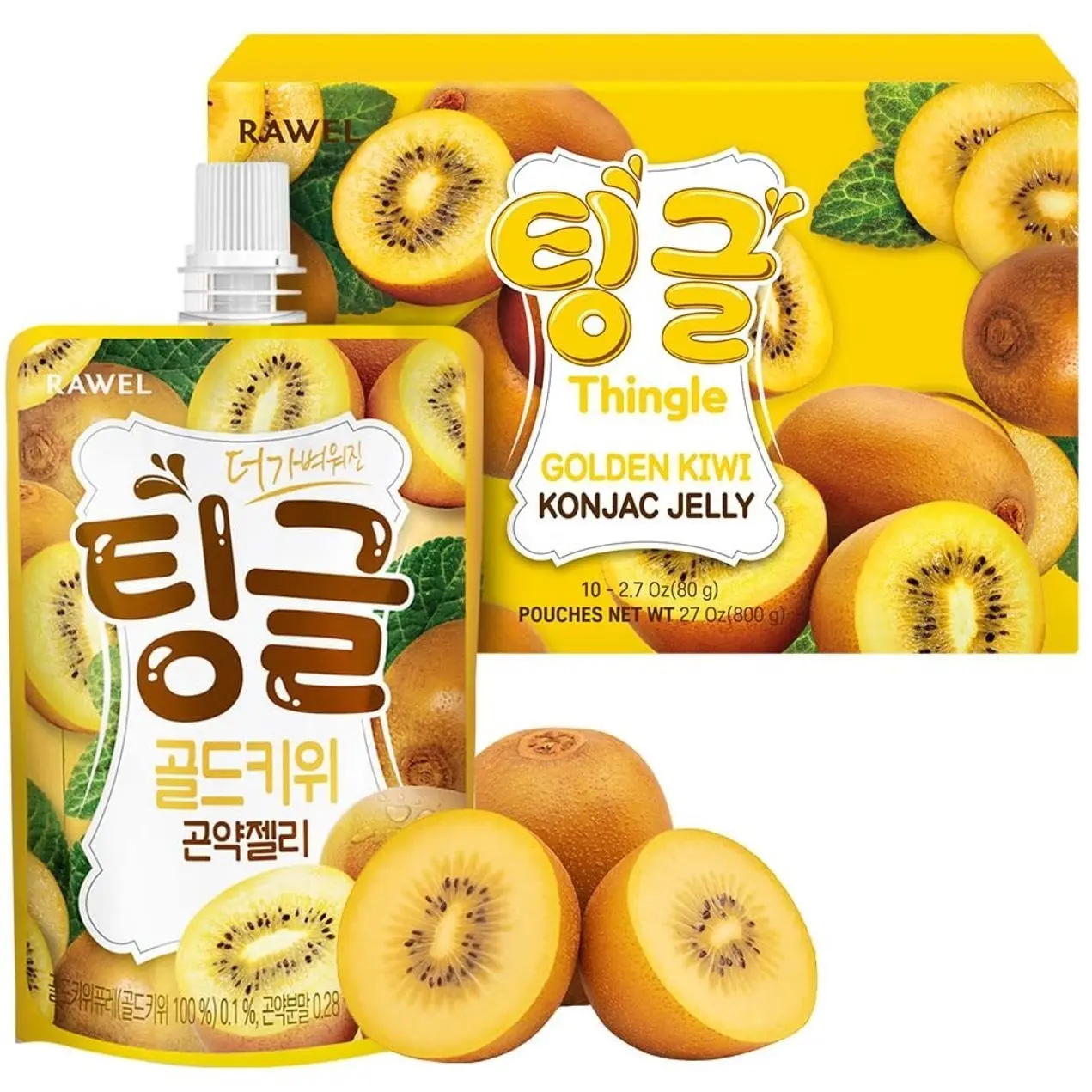 Rawel Thingle Delicious Konjac Jelly 1box (80g x 10packs) / 6 Calories per pouch/Sugar Free/Low Calories/Fruit Flavor Jelly with low carb/Drinkable Zero Sugar Jelly Dessert (Golden Kiwi)