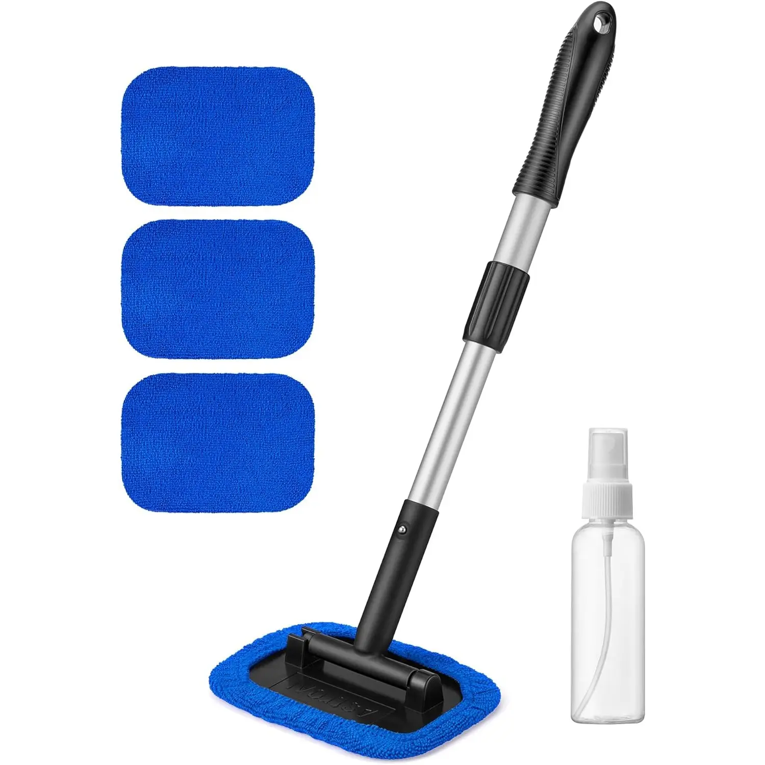 Blue Microfiber Car Windshield Cleaner Kit - Extendable Detachable Disassemble Handle, 4 Reusable Washable Pads, Auto Inside Glass Wiper, Car Care Products (Home Improvement Building Supplies), 4 Pads
