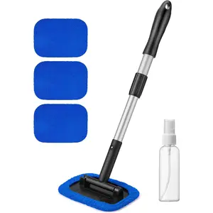 Windshield Cleaner Blue Microfiber car Window Cleaner with 4 Reusable and Washable Microfiber Pads and Extendable Handle Auto Inside Glass Wiper Kit - Home Improvement.